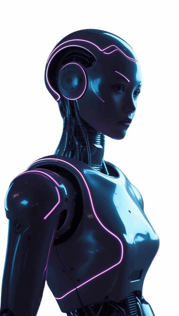 Futuristic AI robot standing beside contact form — Born Creative Michigan digital agency